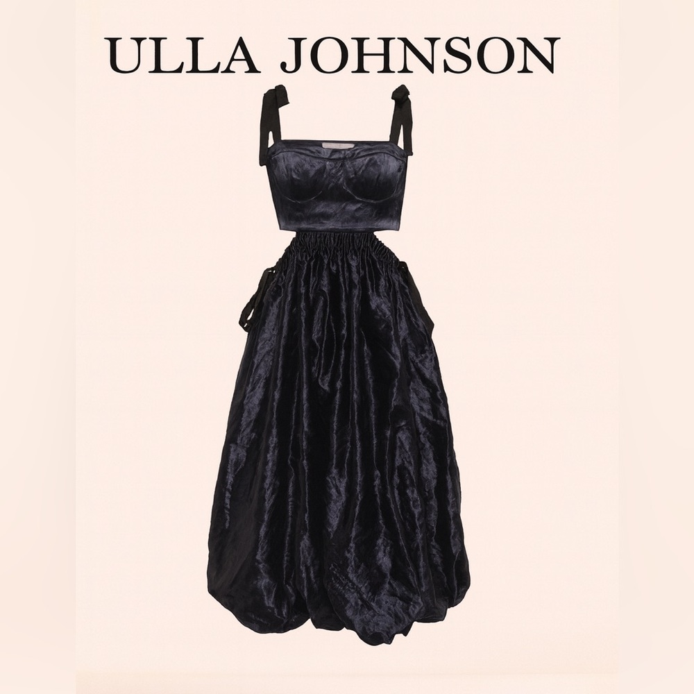 Ulla Johnson Gabrielle Dress Navy Metallic Cotton Blend Duchesse Midi Cutout